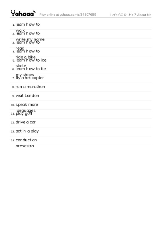 Let's GO 6: Unit 7 About Me PDF words glossary