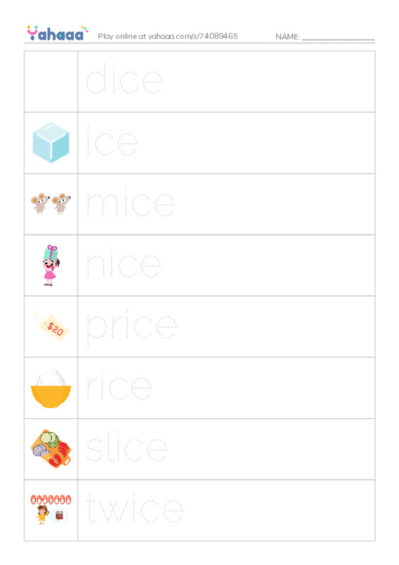 Word Families: ice PDF one column image words