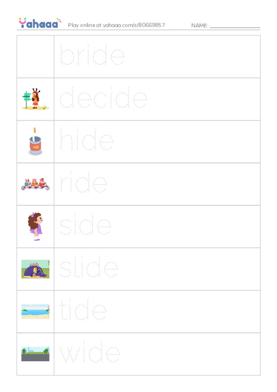 Word Families: ide PDF one column image words