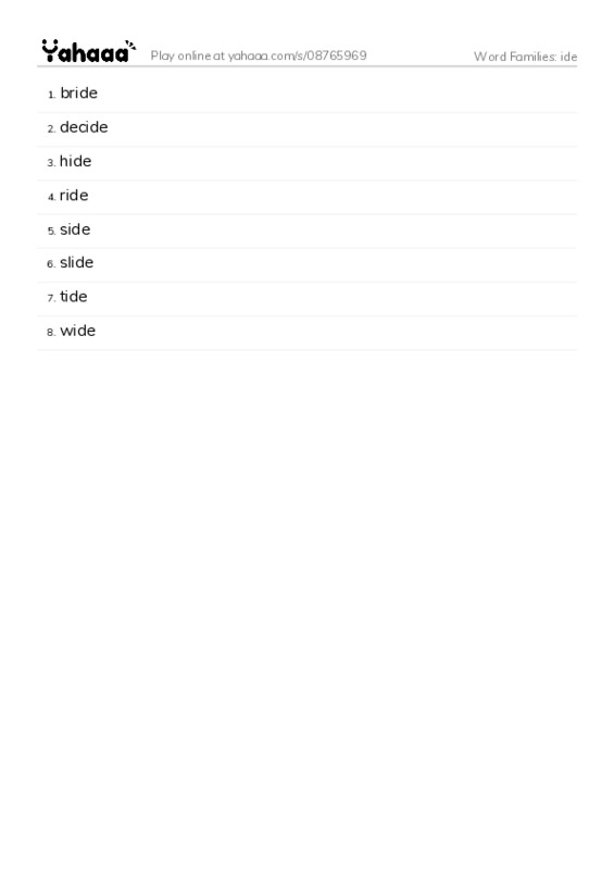 Word Families: ide PDF words glossary