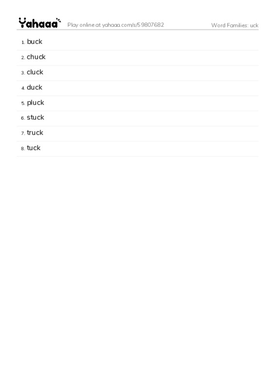 Word Families: uck PDF words glossary