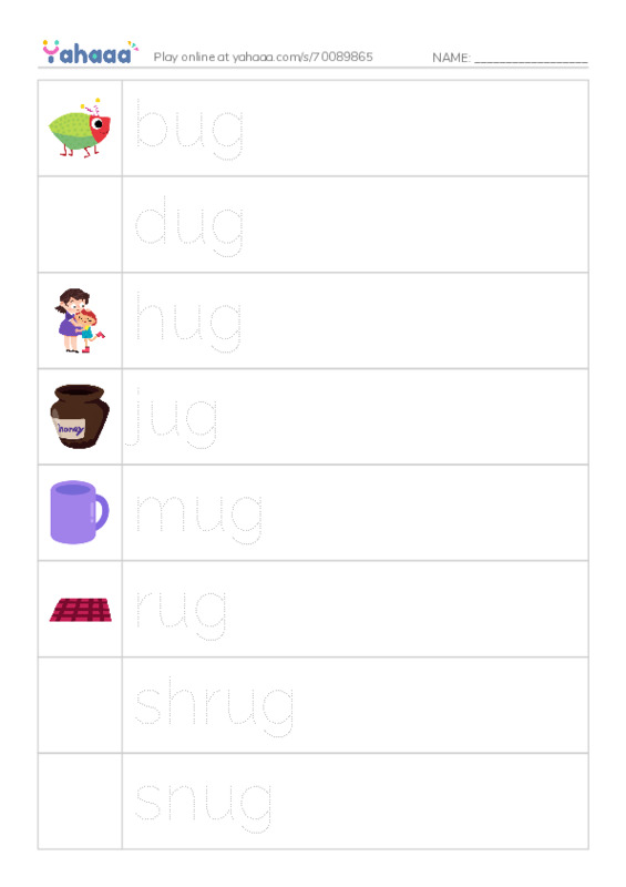 Word Families: ug PDF one column image words