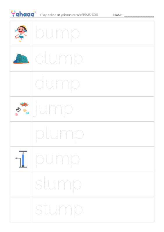 Word Families: ump PDF one column image words