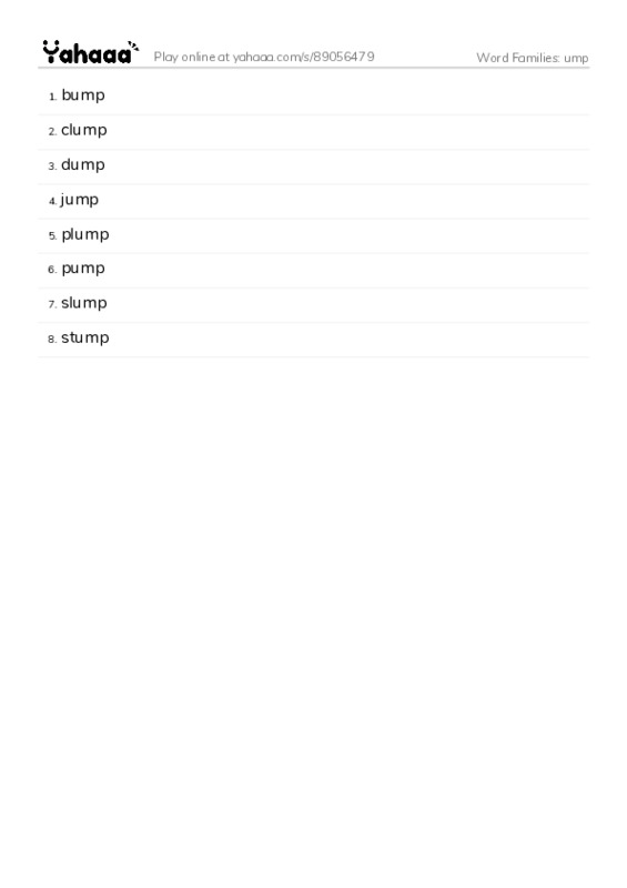 Word Families: ump PDF words glossary