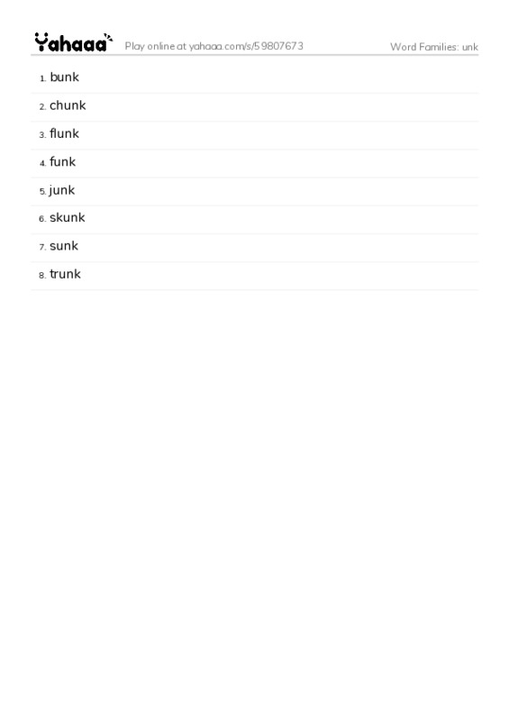 Word Families: unk PDF words glossary