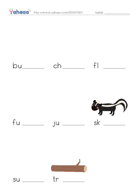 Word Families: unk PDF worksheet to fill in words gaps