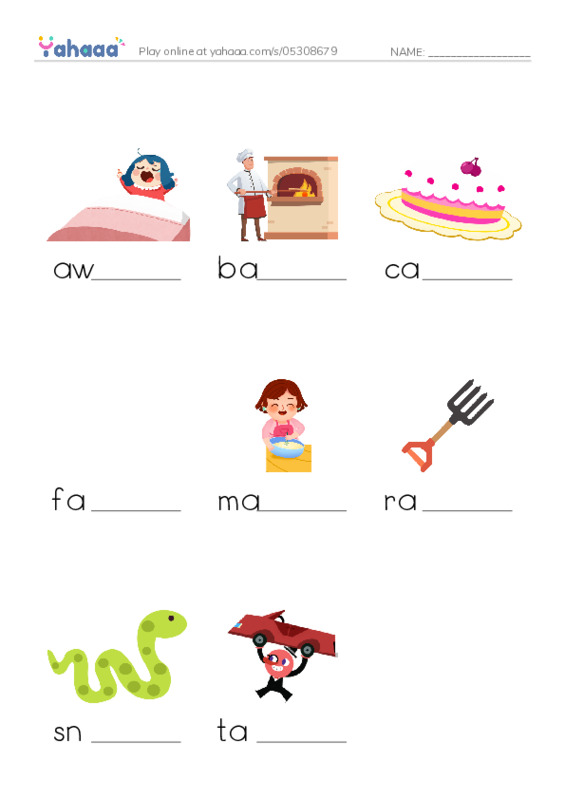 Word Families: ake PDF worksheet to fill in words gaps