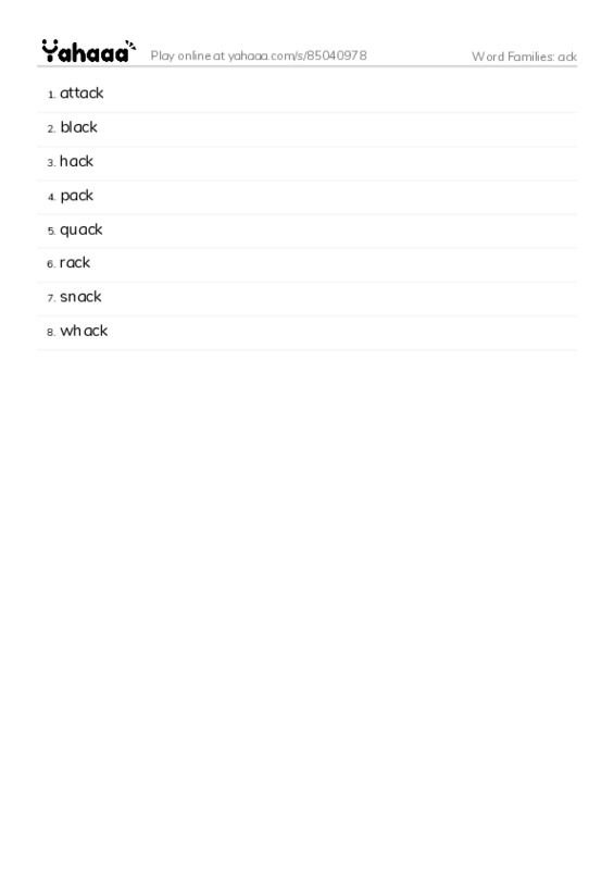 Word Families: ack PDF words glossary