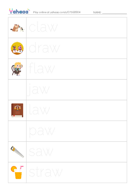 Word Families: aw PDF one column image words