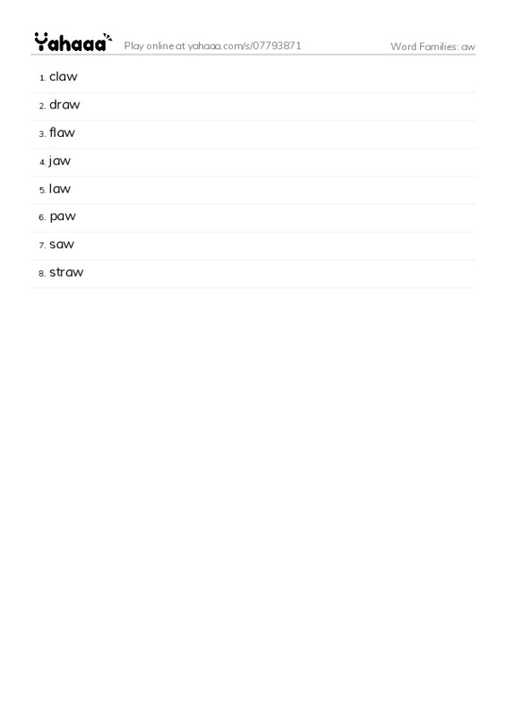 Word Families: aw PDF words glossary
