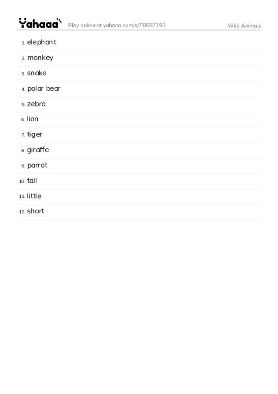 Wild Animals PDF words glossary