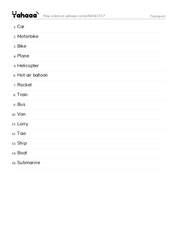 Transport PDF words glossary