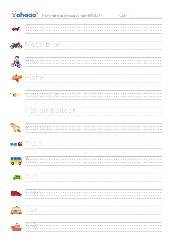 Transport PDF write between the lines worksheet