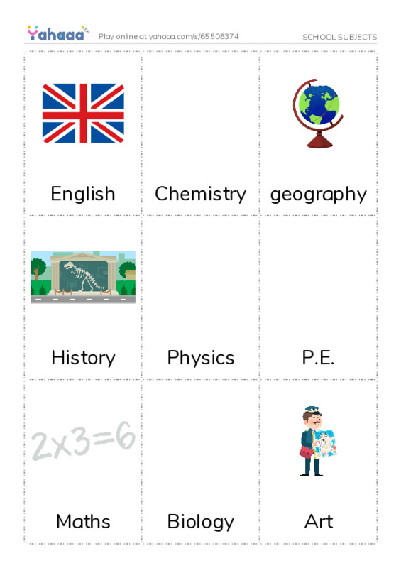 School subjects PDF flaschards with images