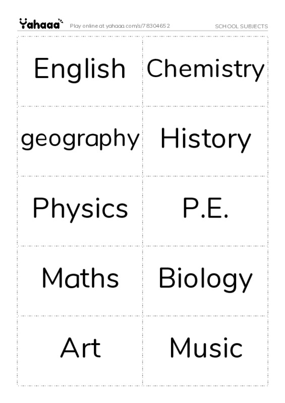 School subjects PDF two columns flashcards