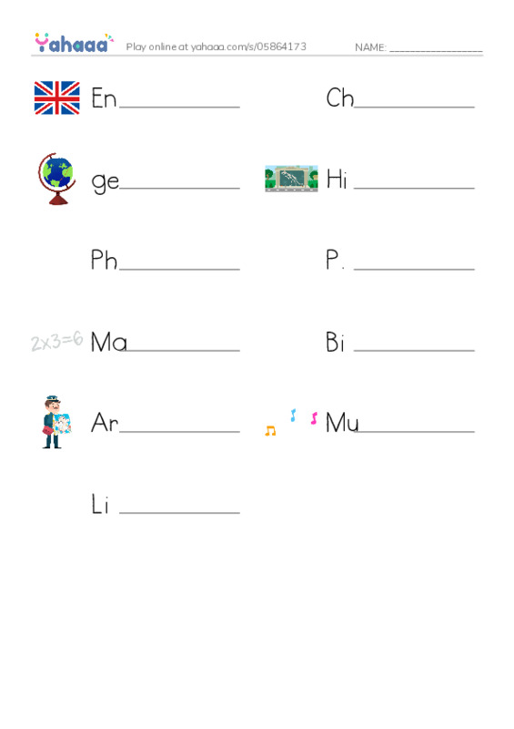 School subjects PDF worksheet writing row