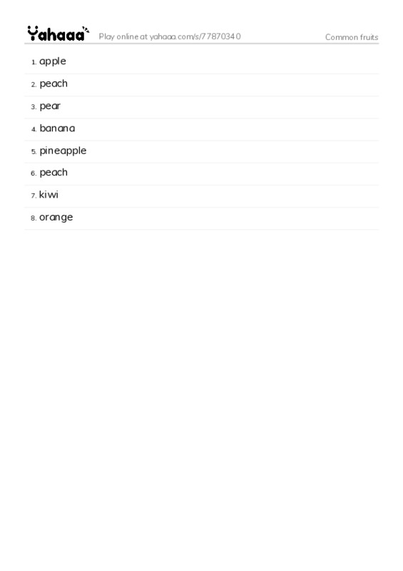 Common fruits PDF words glossary
