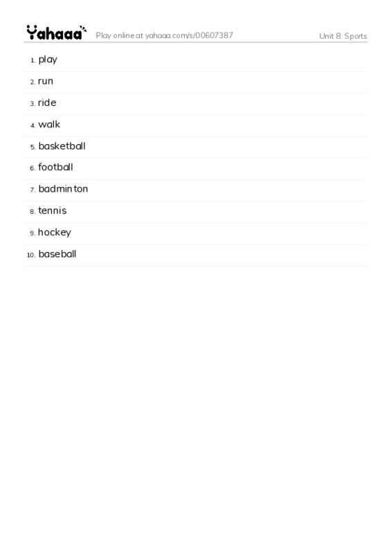 Unit 8. Sports PDF words glossary