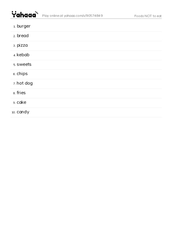 Foods NOT to eat PDF words glossary