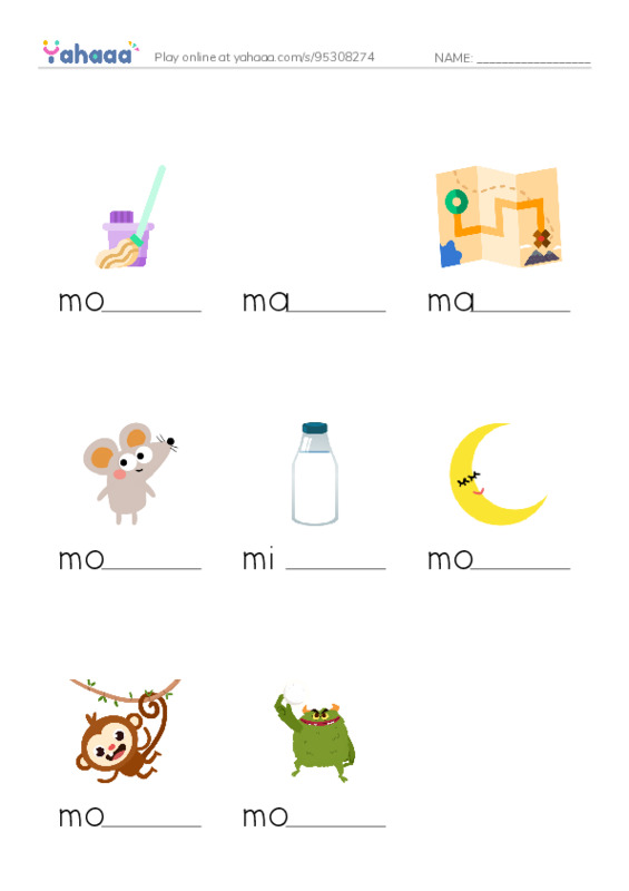 Words to pronounce M PDF worksheet to fill in words gaps