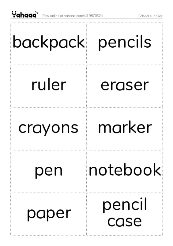 School supplies PDF two columns flashcards