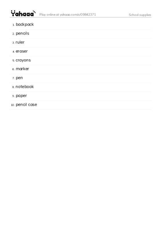 School supplies PDF words glossary