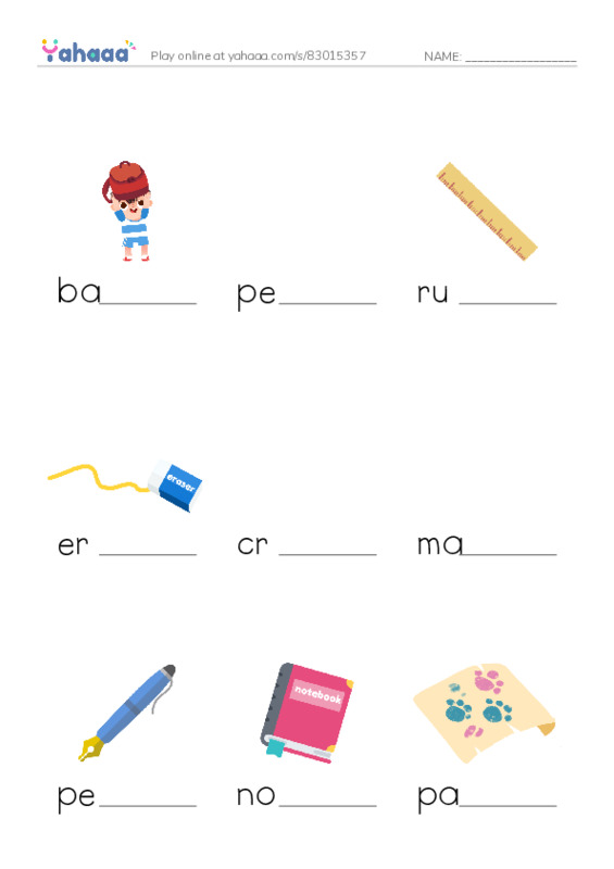 School supplies PDF worksheet to fill in words gaps