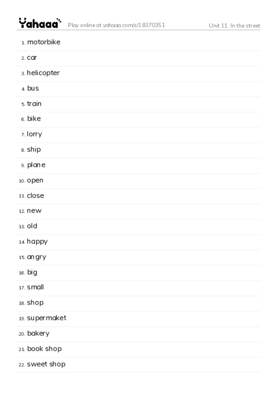 Unit 11. In the street PDF words glossary