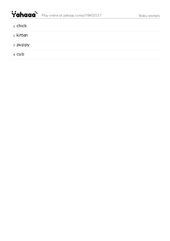 Baby animals PDF words glossary
