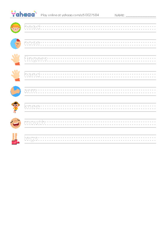 body parts PDF write between the lines worksheet