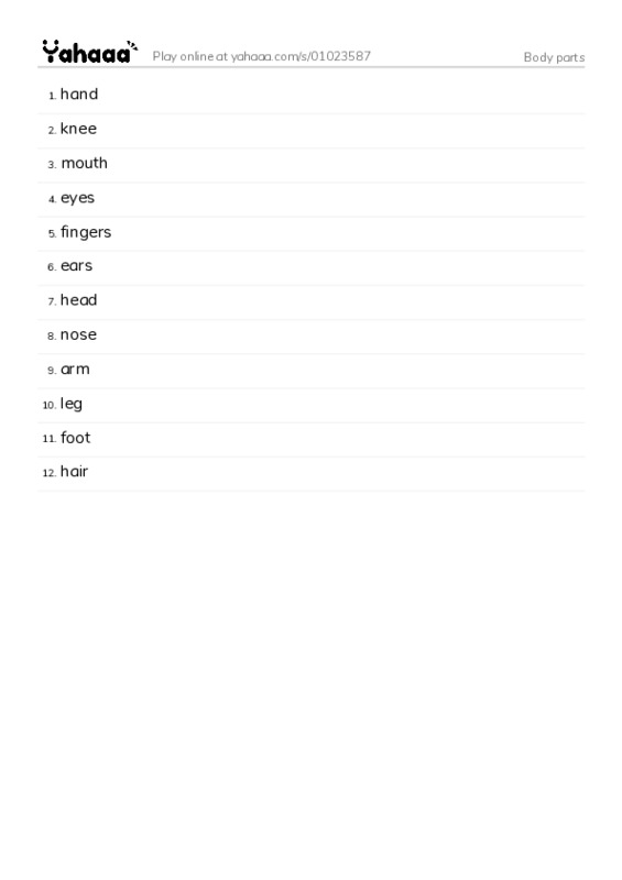 Body parts PDF words glossary