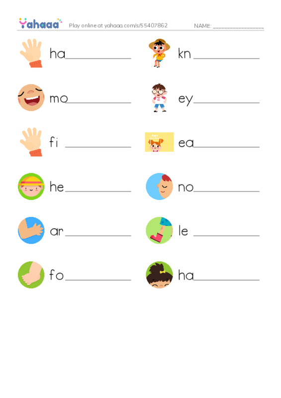 Body parts PDF worksheet writing row
