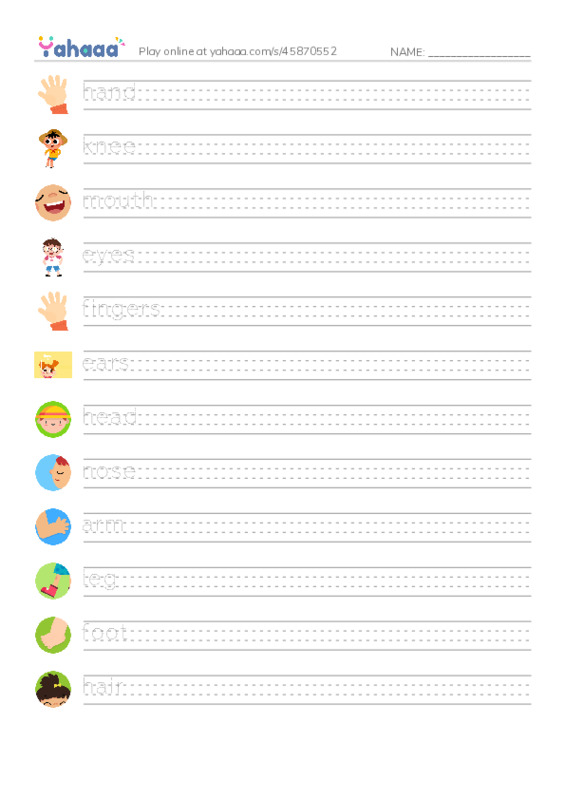 Body parts PDF write between the lines worksheet