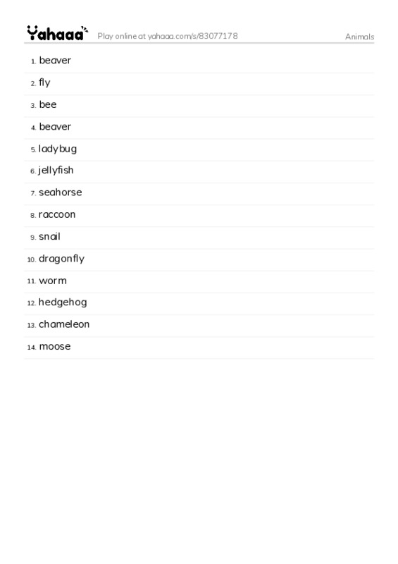 Animals  PDF words glossary