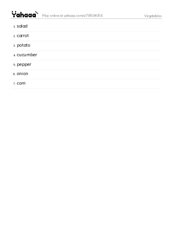 Common vegetables PDF words glossary