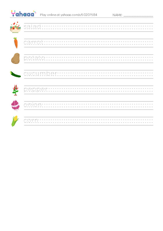 Common vegetables PDF write between the lines worksheet