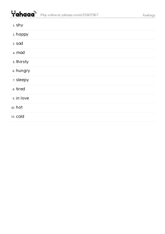 Feelings words PDF words glossary