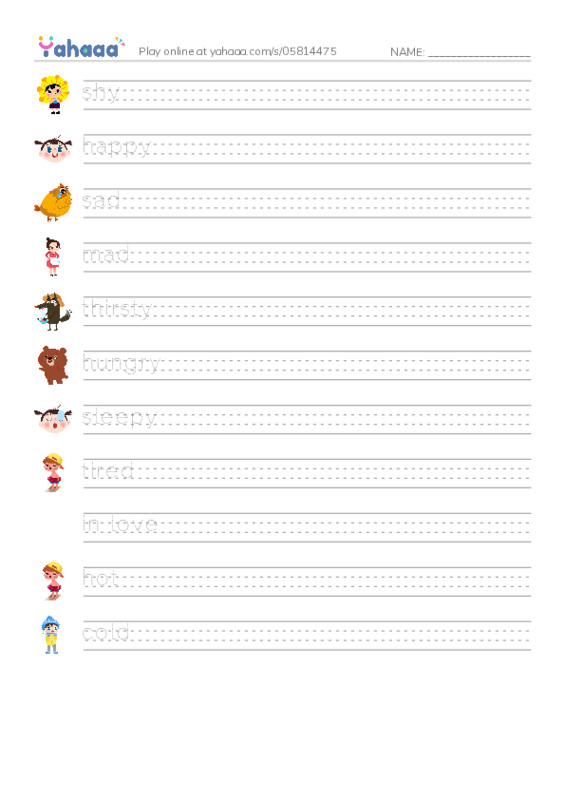 Feelings words PDF write between the lines worksheet