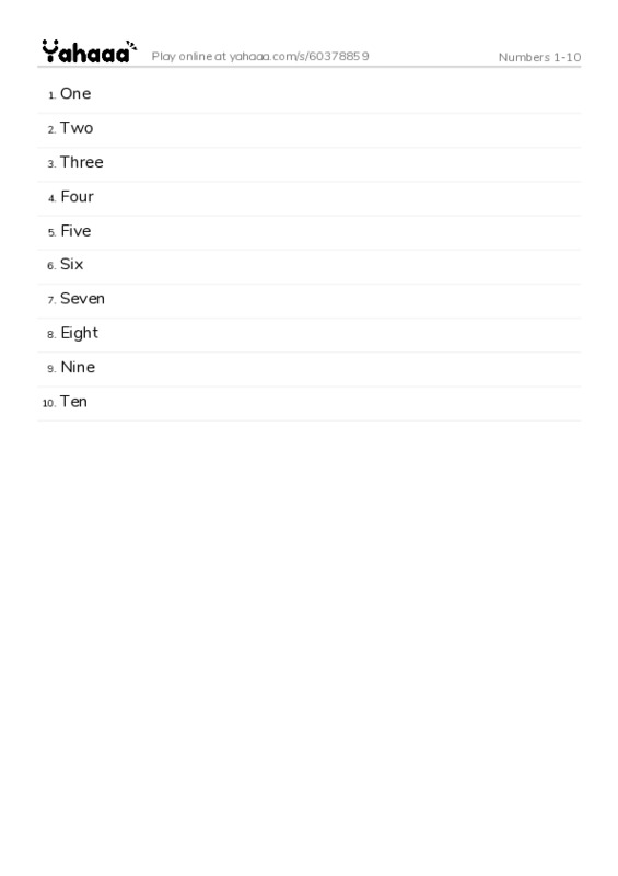 Numbers 1-10 PDF words glossary