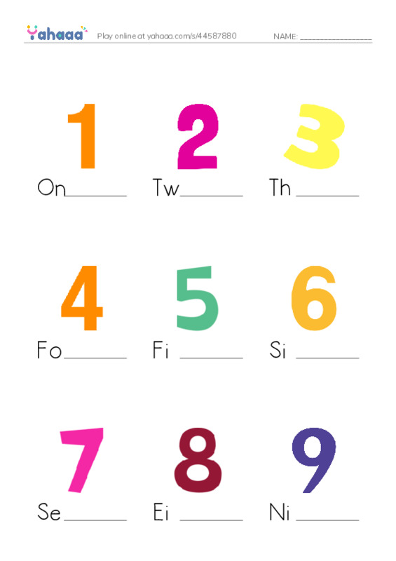 Numbers 1-10 PDF worksheet to fill in words gaps
