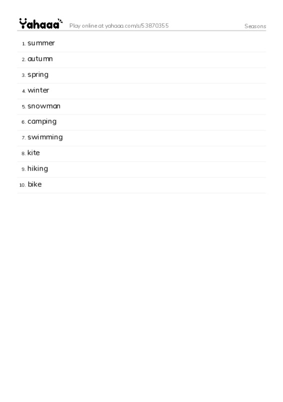 Seasons PDF words glossary
