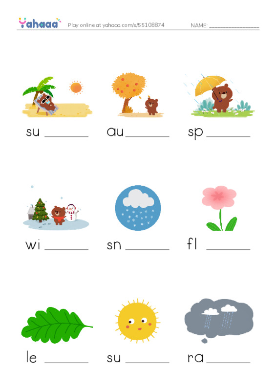 Seasons PDF worksheet to fill in words gaps