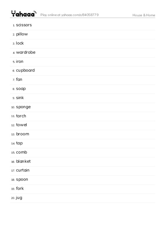 House & Home vocabulary PDF words glossary