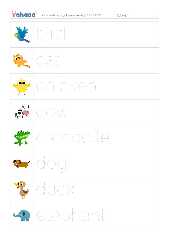 Common animals PDF one column image words
