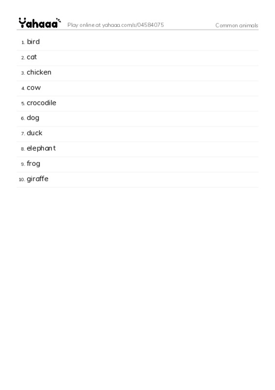 Common animals PDF words glossary