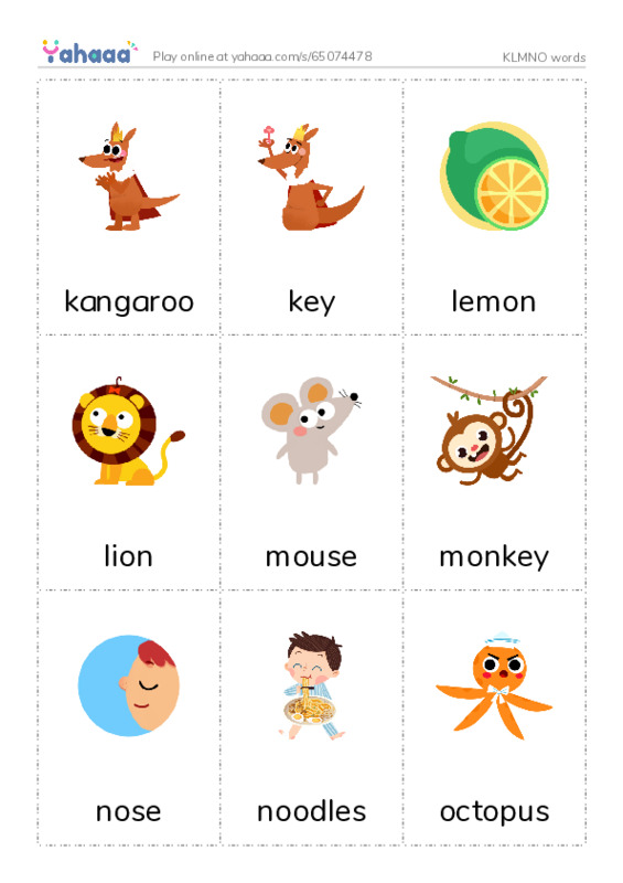 KLMNO words  PDF flaschards with images