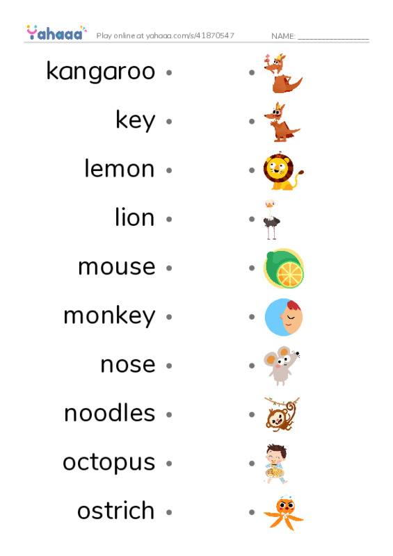 KLMNO words  PDF link match words worksheet