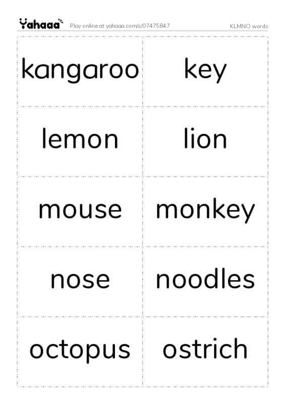 KLMNO words  PDF two columns flashcards