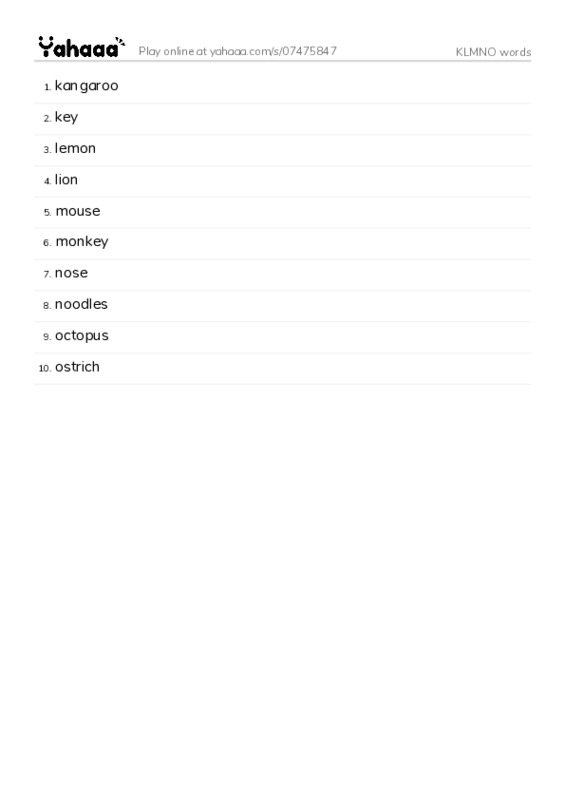 KLMNO words  PDF words glossary
