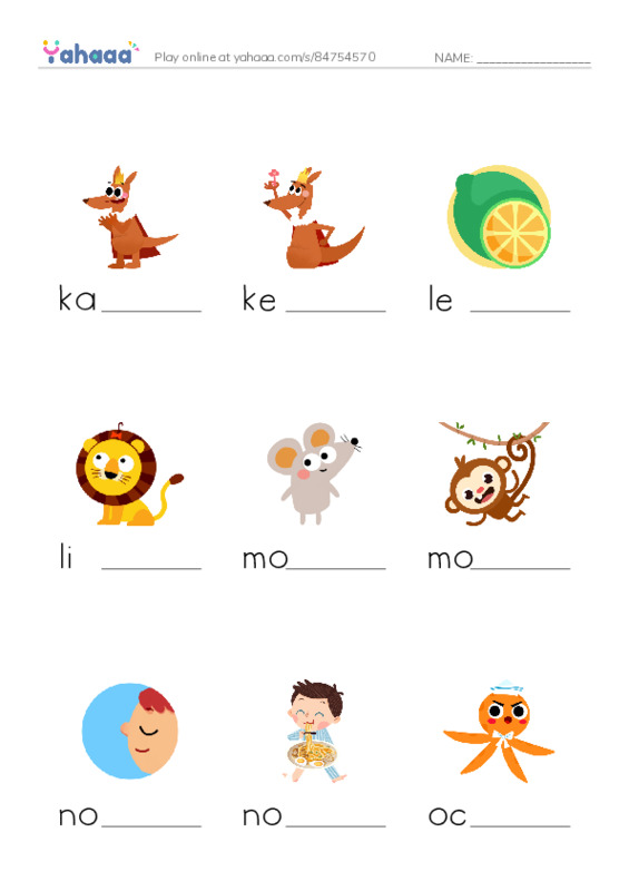 KLMNO words  PDF worksheet to fill in words gaps